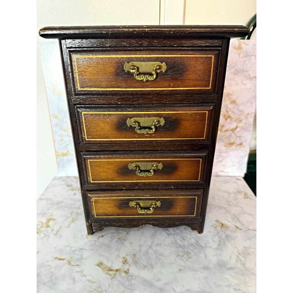Vintage Wooden Music Box Jewelry Cabinet 4 Drawer Mini Dresser Chest Plays Music